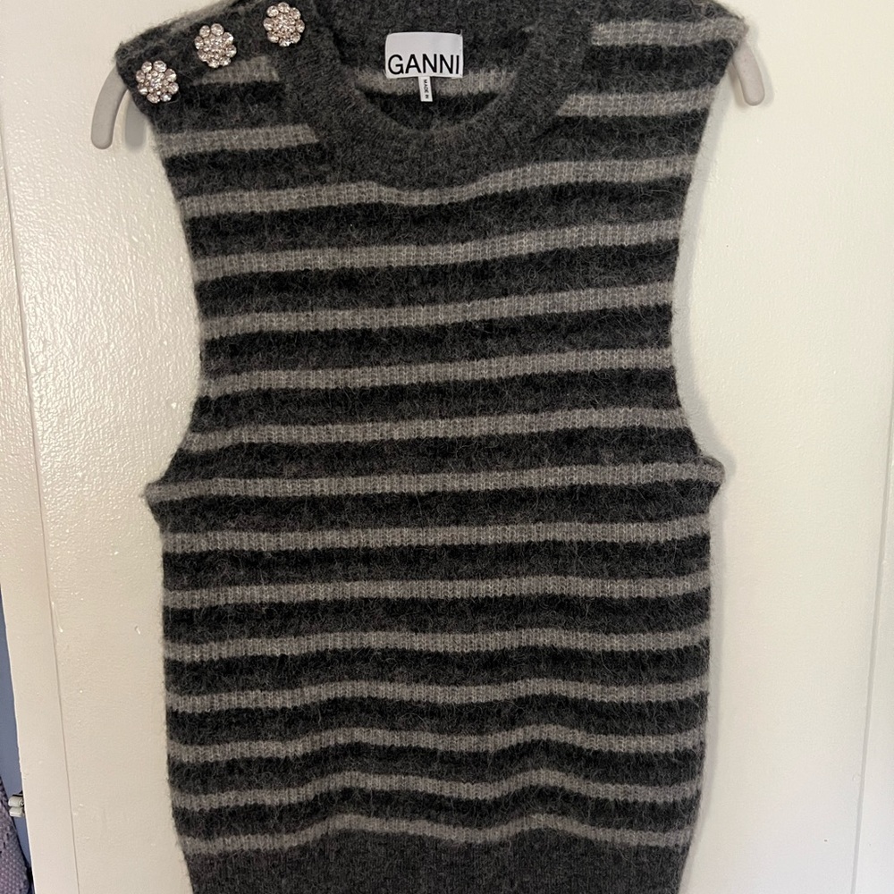 Ganni Charcoal and Light Gray Striped Knit Top